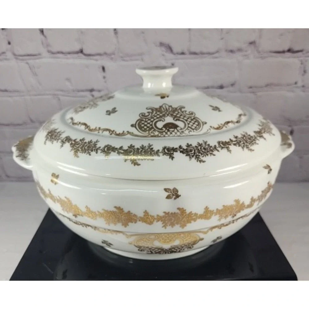 RARE Vintage Pate de LIMOGES France Hand Painted Covered Serving Dish Bowl Gold